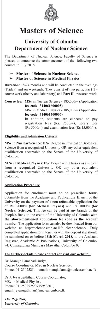 Master of Science in Nuclear Science, Master of Science Medical Physics - Department of Nuclear Science - University of Colombo